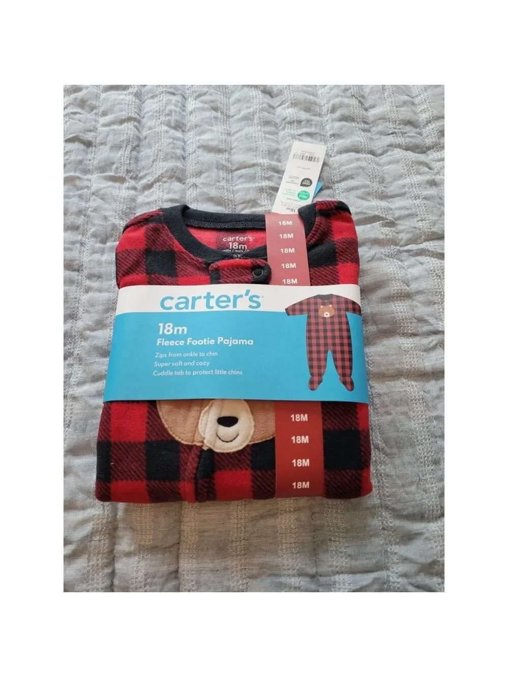 Boys Carter's Pajama 18M Red Black Fleece Footie Bear 🐻 NWT